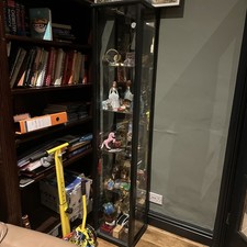 Wood Frame Tall Glass Display Cabinet Mirror Back Adjustable shelves and Light 