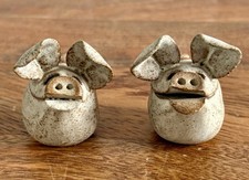 Two Small Handmade Stoneware Pottery Pig Figure Pigs Piglets Rustic Beige 1.5”