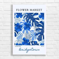 Tropical Flower Market Blue Canvas Print Large Picture Wall Art