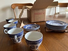English Ironstone Willow Blue Pattern Tea set 4 saucers 5 cups& 6 dessert plates