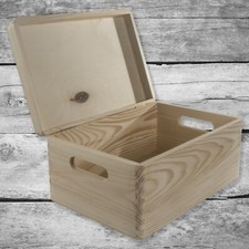 Plain Wooden Storage Box Basket with Handles, Hinged Lid / Pinewood Craft Trunk