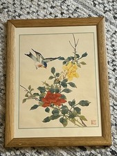 Vintage Oriental Print Of Bird And Flowers In Light Wood Effect Frame