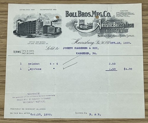 1899 boll bros mfg - boll, billhead