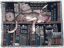 Jacquard woven fringed tapestry throw - Library Cats