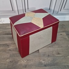 Vintage Vinyl Foot Stool – Retro Mid Century Seat Storage Box Ottoman Red Cream