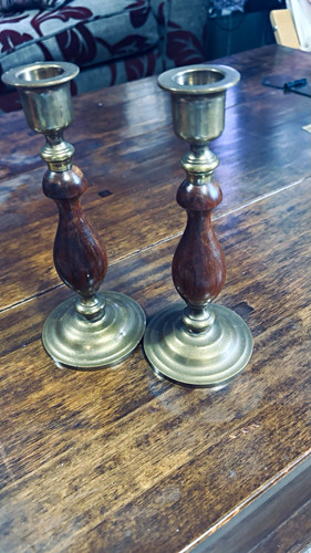 Pair wood metal taper - wood, candle