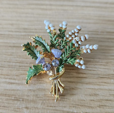 Vintage Gold Tone Brooch Flower Bouquet Lucky Heather Thistle Scottish Celtic