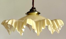 Vintage French opaline glass frilly coolie ceiling light shade yellow + fittings