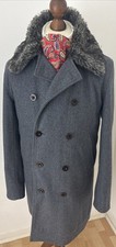 Pretty Green Grey Wool Mix Double Breasted Overcoat Faux Fur Collar Size M