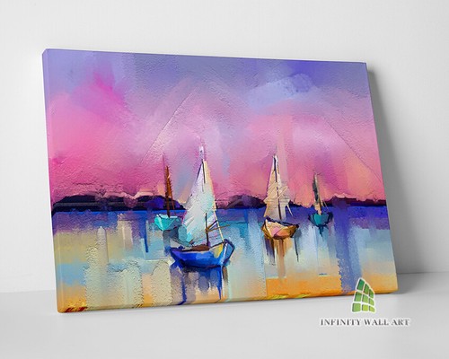 Pink sunset boats oil painting - pink,