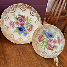 Vintage English Regal Bone China Gold Gilded Cup & Saucer Poppies Lovely Example
