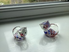Vintage Pair Of Millefiori Blue & Red Glass Cat Figurine Paperweights