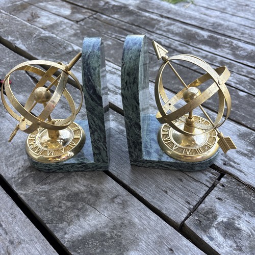 Brass green marble bookends - marble,