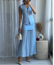 ZARA  COMBINED PLEATED KNIT SKIRT Mid Blue Size M Ref 4192/016