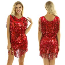 Women's Sparkly Sequins Tassels Salsa Rumba Tango Latin Dance Dress Dancewear