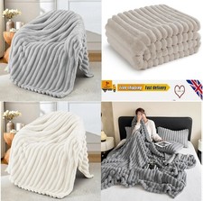 Ribbed Faux Fur Warm Fleece Throw Over Soft Sofa Bed Blanket Double & Single