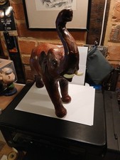 Leather Elephant Statue Figurine  Glass Eyes 14” Tall reddish brown