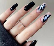 Press On Medium Coffin Square Fake False Nails Gloss Black Butterfly Print 24pcs