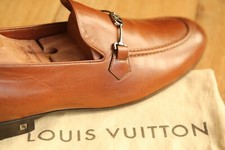 Louis Vuitton Tan Brown Leather Silver LV Bit Loafers Shoes Mens UK 8 US 9 EU 42