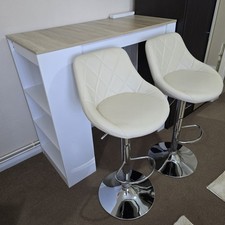 2 Seater White And Oak Effect Bar Dining Desk Table With 2x Beige Bar Chair