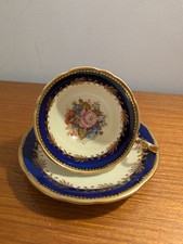Aynsley J.A. Bailey Cobalt And Gold Tea Cup And Saucer Signed With Pink Rose