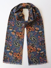 Wool & silk scarf cravat. Blue Paisley Floral. Long & slim 70" x 6". Unisex