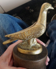 BRASS PIGEON CAR MASCOT ON WOODEN PLINTH RACING PIGEON CARRIER PIGEON