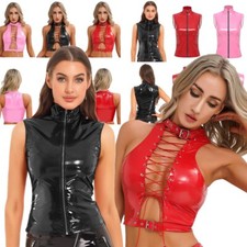 UK Womens Shiny Metallic Crop Tank Tops PVC Leather Sleeveless Shirt Blouses