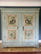 Vintage Large Painted Pine Double Wardrobe with Inlaid Chinoiserie