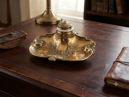Vintage brass inkwell - brass, desk