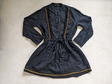 Zara Black Boho 100% Linen Mini Short Dress Belted Long Sleeve Size S