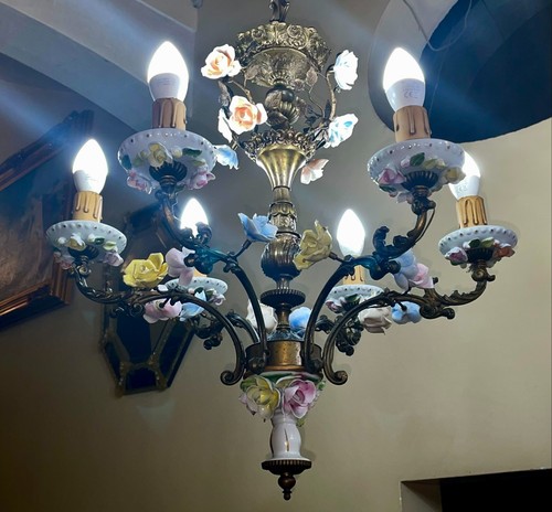 Bronze and majolica chandelier