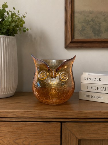 Vintage amber art glass owl - amber,