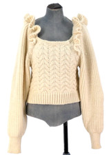 Zara Jumper Puff Sleeve Cable Knit Frill Chunky Open Back Tie Ivory Size S