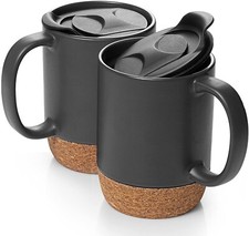 2 Ceramic Coffee Mug Sets with Lid and Handle, with Insulated Cork and mug lid