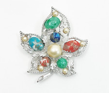 Vintage Sarah Coventry Silvertone and Faux Pearl/Faux Cabochon Stone Leaf Brooch