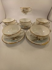 Kutani mid century 6x tea cups 5x saucers Japanese landscape white blue red VGC