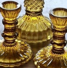 Amber Leela Glass Candlestick, Dinner Candle Holder Tablescape Antique, 10cm