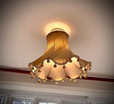 Vintage Chiffon Diagonal Pleated Lampshade With Scalloped Edge & Bobbles