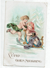 Cupid Goes Sleighing Valentine Cherubs Postcard 1900s