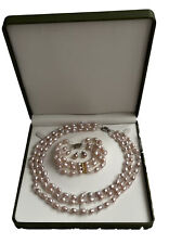 Genuine Purple 3 row Freshwater Pearl Necklace, Bracelet & Earrings Set+Gift Box
