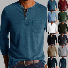 Mens Casual Long Sleeve T-shirt Henley Grandad V Neck Button Solid Tee Shirt Top