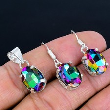 Mystic Rainbow Topaz Gemstone Handmade Antique Style Pendant & Earrings  1.26"