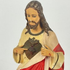 Vintage French Religious Plaster Bleeding Heart Of Jesus Coloured Statue Figure