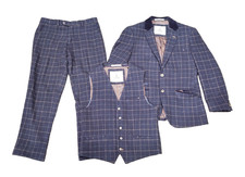 Cavani Men’s 3 Piece Suit Blue Check Tweed 38R Blazer Waistcoat Trousers