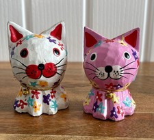 Two Small Hand Made Painted Wooden Cat Lucky Cats Figure Ornament White Pink 3”