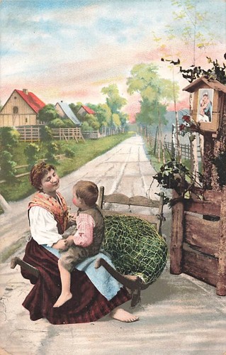 Postcard art woman child wheel - woman,