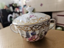 Antique Dresden Lidded Bowl Soup Handpainted Flowers & Gilding