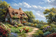 English Cottage Garden Chickens Canvas Picture Print Wall Art
