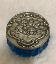 blue glass jar w/cherub silver coloured lid(please read description)